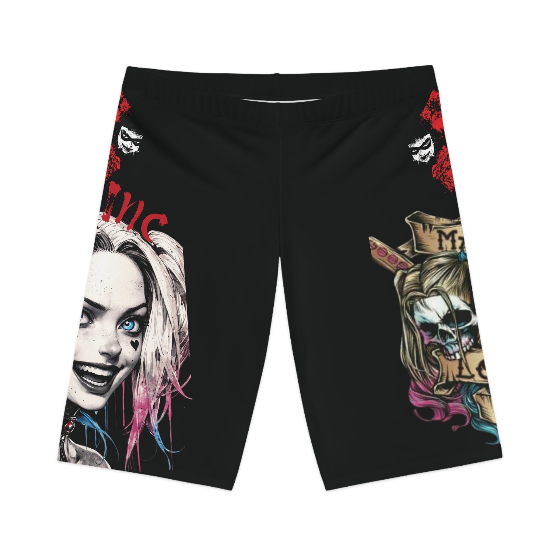 Rebellious Harley Quinn Bike Shorts, Edgy Fitness Wear, Ladies Activewear, Comic Style Shorts, Unique Workout Gear