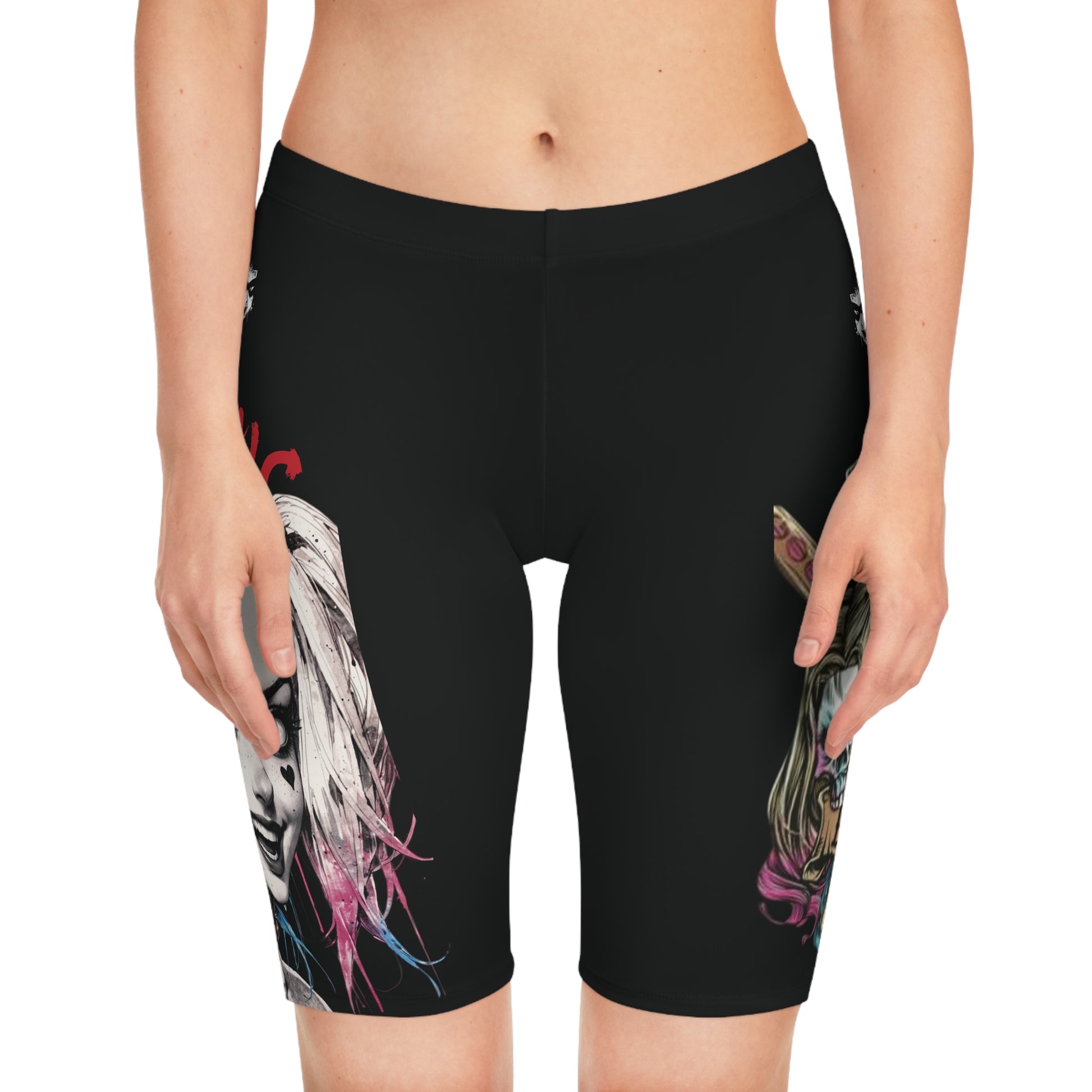 Rebellious Harley Quinn Bike Shorts, Edgy Fitness Wear, Ladies Activewear, Comic Style Shorts, Unique Workout Gear