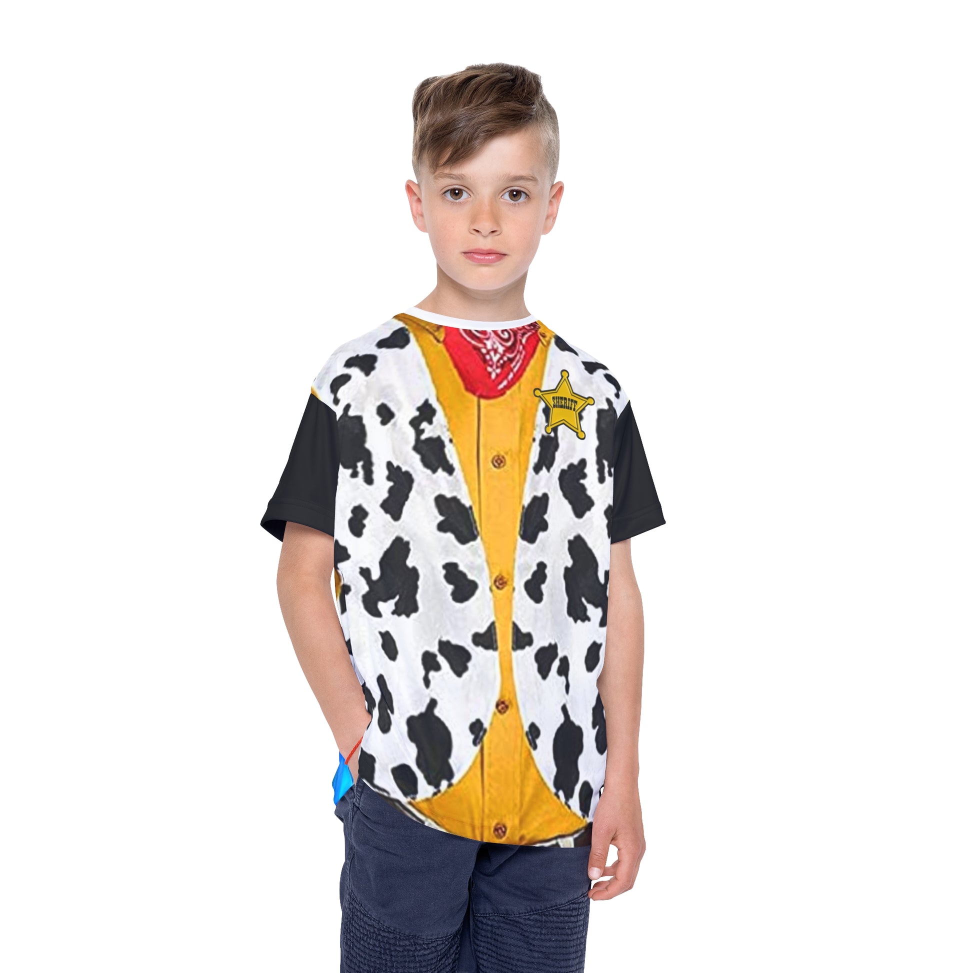 Wild West Kids Sports Jersey, AOP Graphic Tee for Rodeo Fans, Cowboy Costume Shirt, Cool Kid Apparel, Halloween Outfit, Birthday Gift