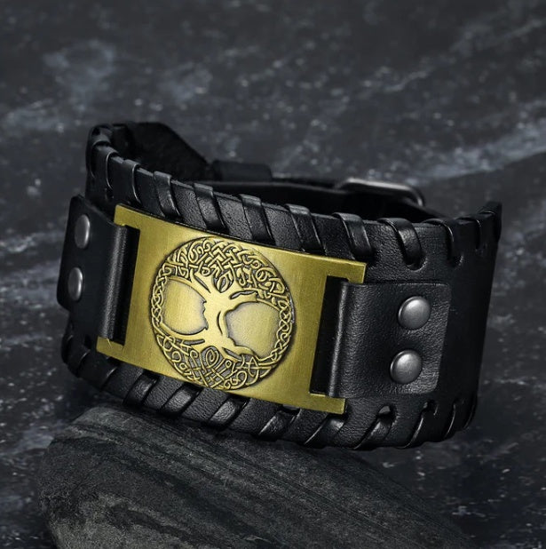 Asgard Crafted Leather Buckle Arm Cuff With Metal Celtic Tree Of Life Design